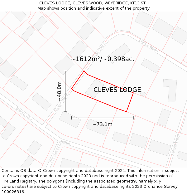 CLEVES LODGE, CLEVES WOOD, WEYBRIDGE, KT13 9TH: Plot and title map