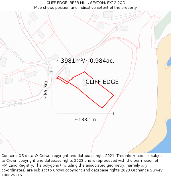 CLIFF EDGE, BEER HILL, SEATON, EX12 2QD: Plot and title map
