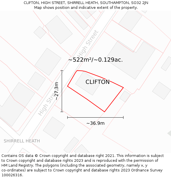 CLIFTON, HIGH STREET, SHIRRELL HEATH, SOUTHAMPTON, SO32 2JN: Plot and title map