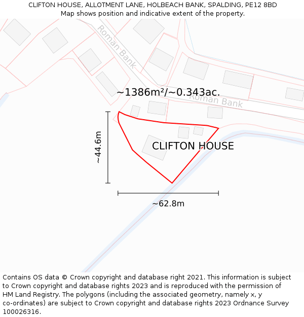 CLIFTON HOUSE, ALLOTMENT LANE, HOLBEACH BANK, SPALDING, PE12 8BD: Plot and title map