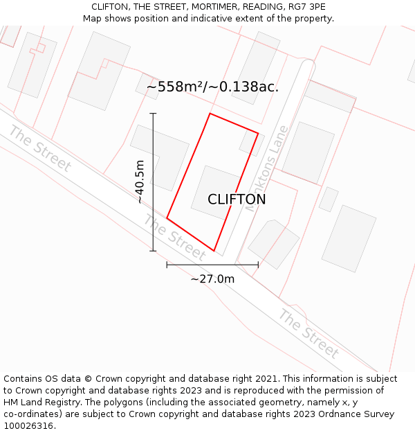 CLIFTON, THE STREET, MORTIMER, READING, RG7 3PE: Plot and title map