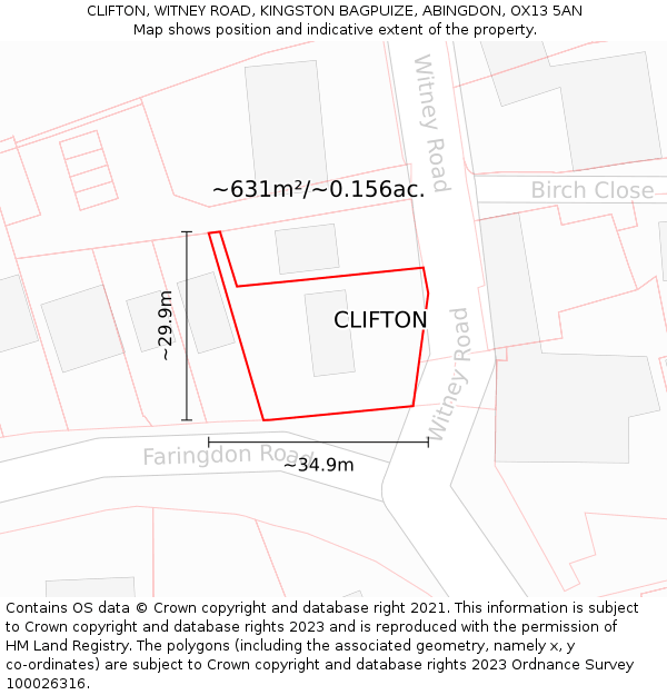 CLIFTON, WITNEY ROAD, KINGSTON BAGPUIZE, ABINGDON, OX13 5AN: Plot and title map