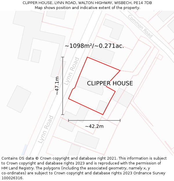 CLIPPER HOUSE, LYNN ROAD, WALTON HIGHWAY, WISBECH, PE14 7DB: Plot and title map