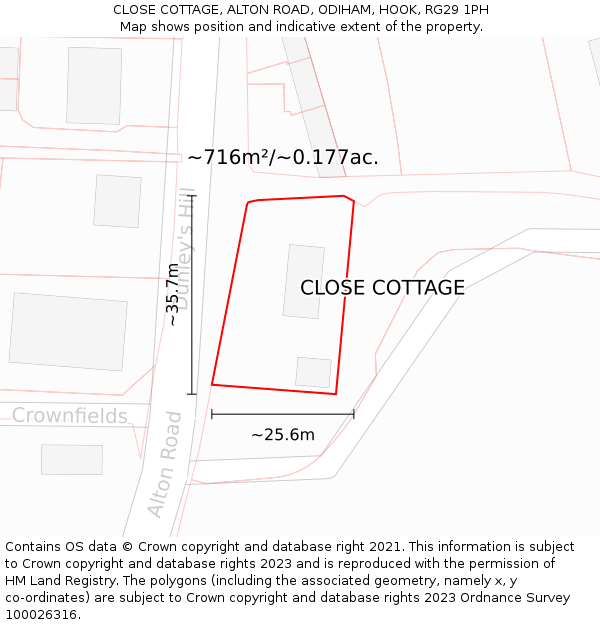 CLOSE COTTAGE, ALTON ROAD, ODIHAM, HOOK, RG29 1PH: Plot and title map