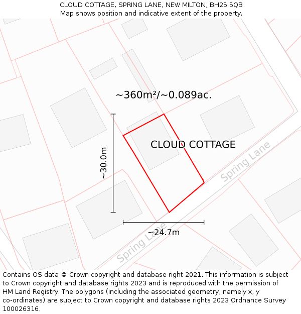 CLOUD COTTAGE, SPRING LANE, NEW MILTON, BH25 5QB: Plot and title map