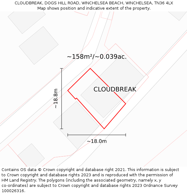 CLOUDBREAK, DOGS HILL ROAD, WINCHELSEA BEACH, WINCHELSEA, TN36 4LX: Plot and title map