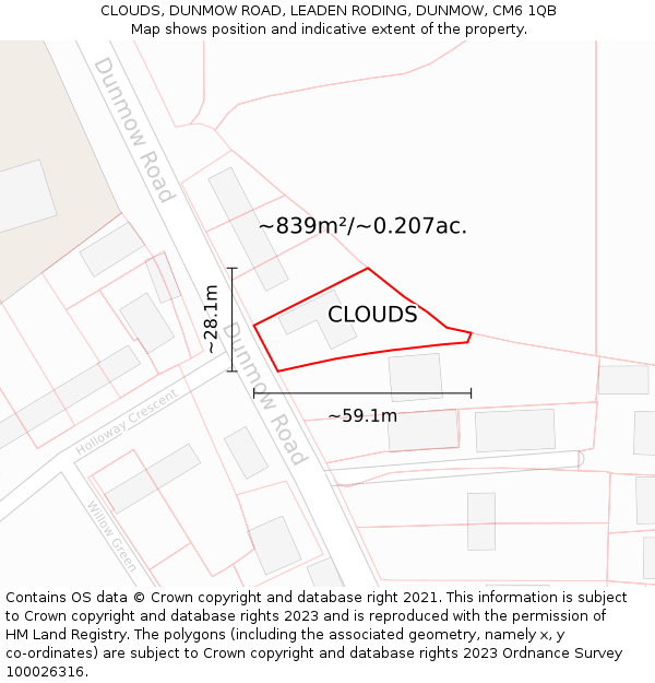 CLOUDS, DUNMOW ROAD, LEADEN RODING, DUNMOW, CM6 1QB: Plot and title map