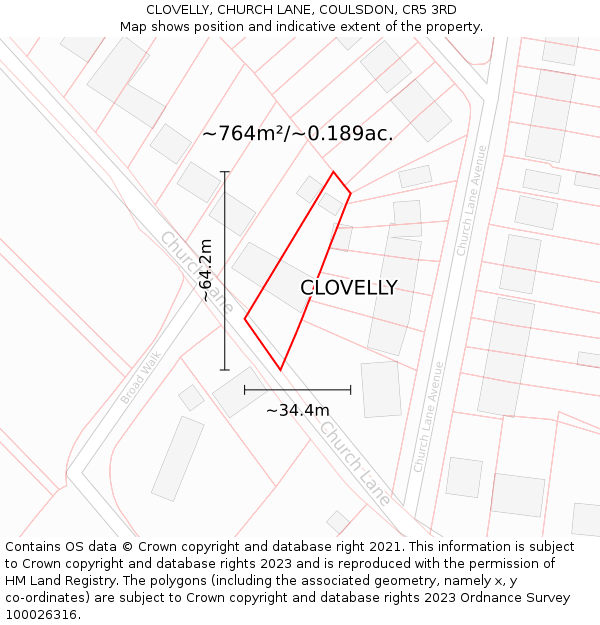 CLOVELLY, CHURCH LANE, COULSDON, CR5 3RD: Plot and title map