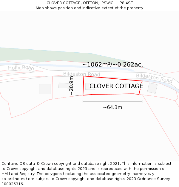 CLOVER COTTAGE, OFFTON, IPSWICH, IP8 4SE: Plot and title map