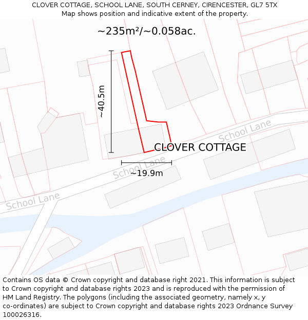 CLOVER COTTAGE, SCHOOL LANE, SOUTH CERNEY, CIRENCESTER, GL7 5TX: Plot and title map
