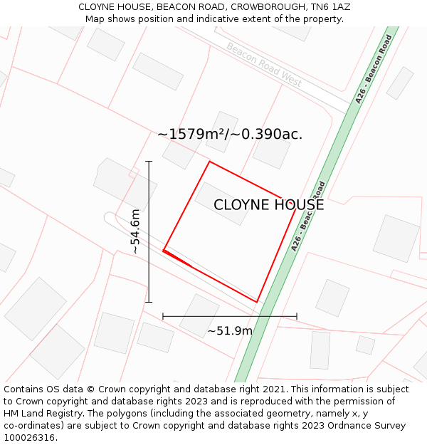 CLOYNE HOUSE, BEACON ROAD, CROWBOROUGH, TN6 1AZ: Plot and title map
