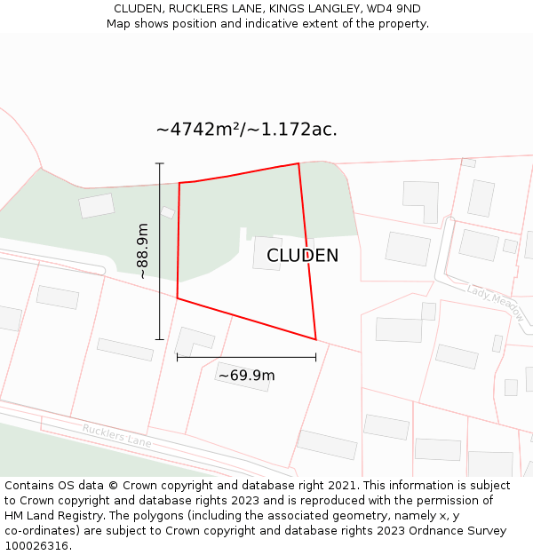 CLUDEN, RUCKLERS LANE, KINGS LANGLEY, WD4 9ND: Plot and title map