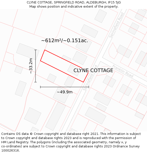 CLYNE COTTAGE, SPRINGFIELD ROAD, ALDEBURGH, IP15 5JG: Plot and title map