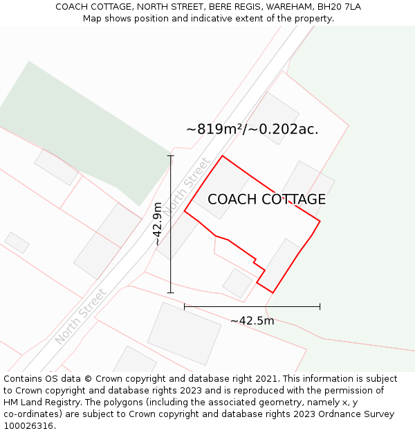 COACH COTTAGE, NORTH STREET, BERE REGIS, WAREHAM, BH20 7LA: Plot and title map