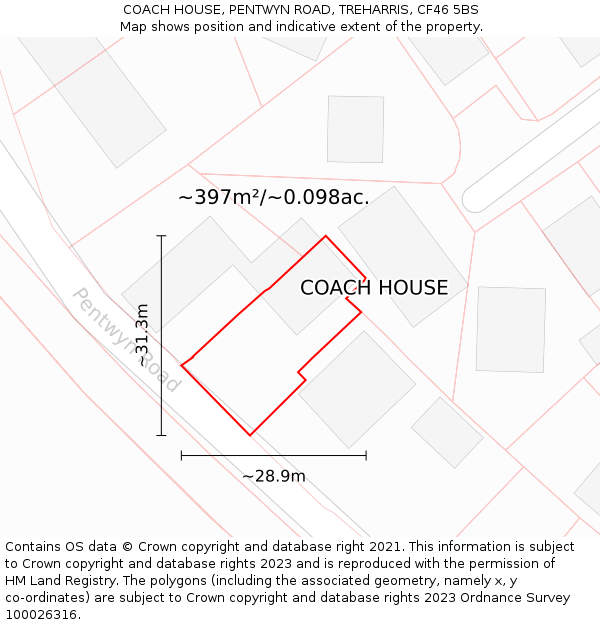 COACH HOUSE, PENTWYN ROAD, TREHARRIS, CF46 5BS: Plot and title map
