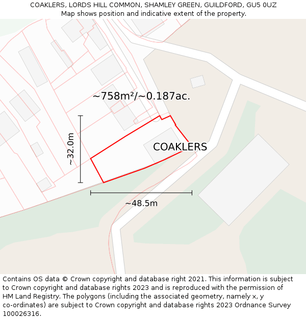 COAKLERS, LORDS HILL COMMON, SHAMLEY GREEN, GUILDFORD, GU5 0UZ: Plot and title map