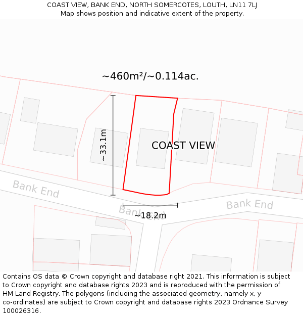 COAST VIEW, BANK END, NORTH SOMERCOTES, LOUTH, LN11 7LJ: Plot and title map