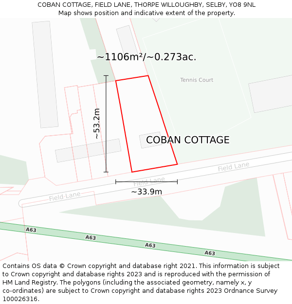 COBAN COTTAGE, FIELD LANE, THORPE WILLOUGHBY, SELBY, YO8 9NL: Plot and title map