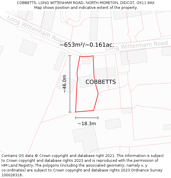 COBBETTS, LONG WITTENHAM ROAD, NORTH MORETON, DIDCOT, OX11 9AX: Plot and title map