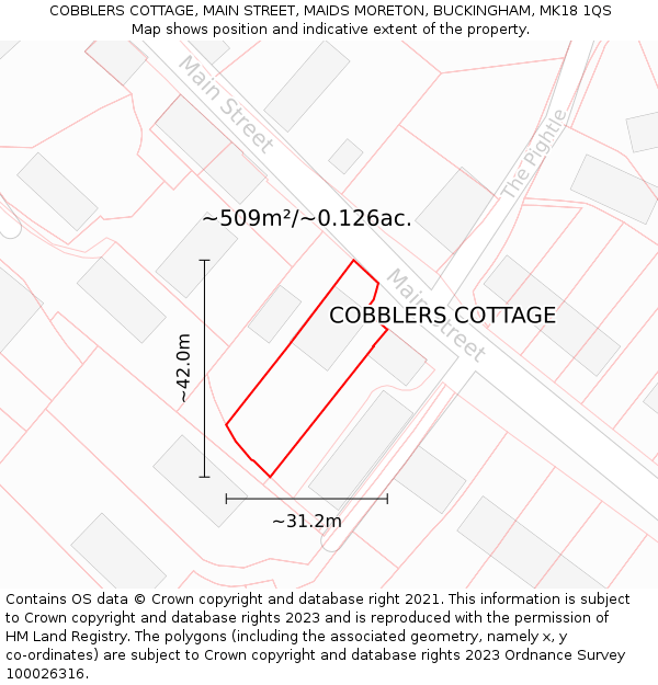 COBBLERS COTTAGE, MAIN STREET, MAIDS MORETON, BUCKINGHAM, MK18 1QS: Plot and title map