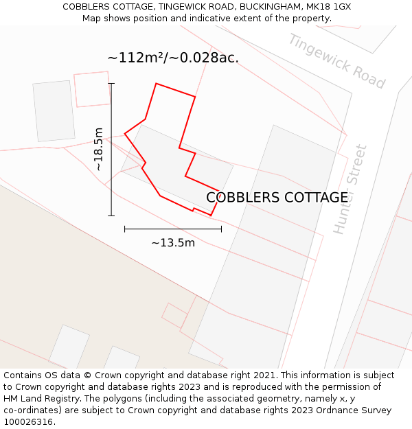 COBBLERS COTTAGE, TINGEWICK ROAD, BUCKINGHAM, MK18 1GX: Plot and title map