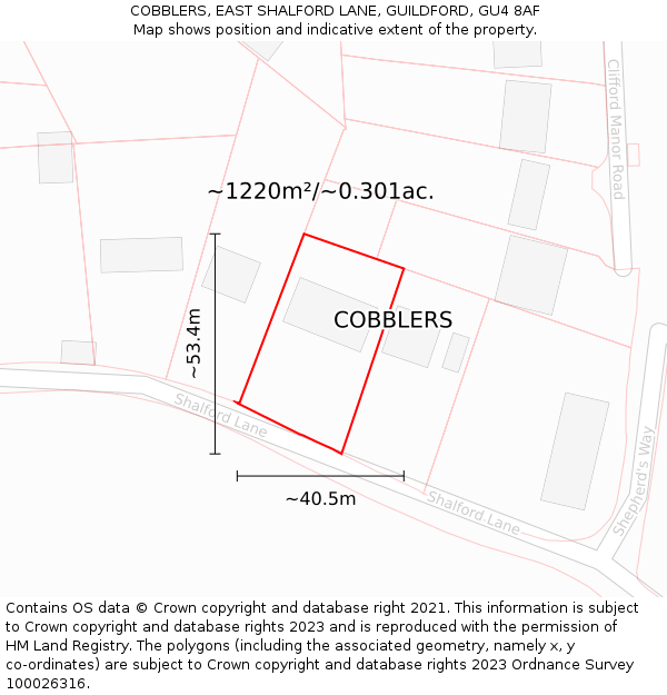 COBBLERS, EAST SHALFORD LANE, GUILDFORD, GU4 8AF: Plot and title map