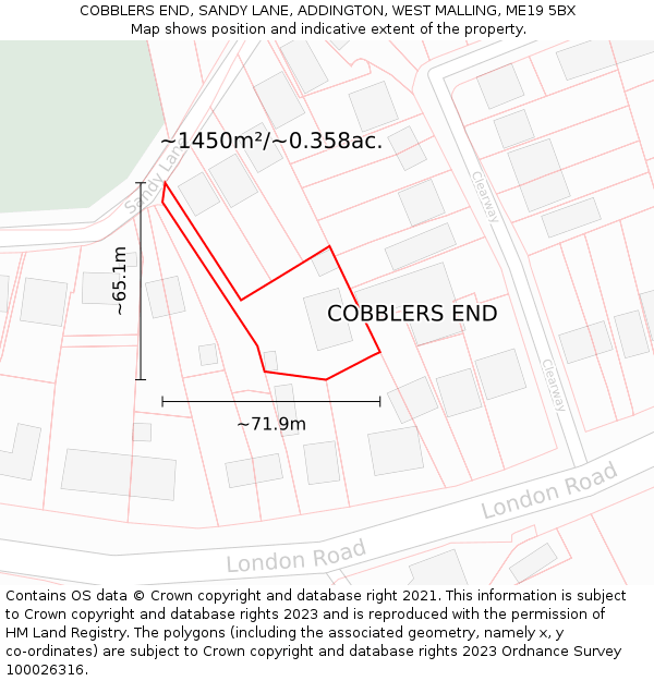 COBBLERS END, SANDY LANE, ADDINGTON, WEST MALLING, ME19 5BX: Plot and title map