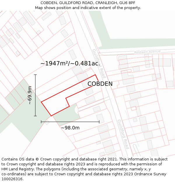 COBDEN, GUILDFORD ROAD, CRANLEIGH, GU6 8PF: Plot and title map