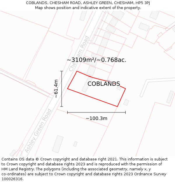 COBLANDS, CHESHAM ROAD, ASHLEY GREEN, CHESHAM, HP5 3PJ: Plot and title map