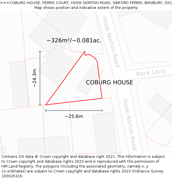 COBURG HOUSE, FERRIS COURT, HOOK NORTON ROAD, SIBFORD FERRIS, BANBURY, OX15 5QR: Plot and title map