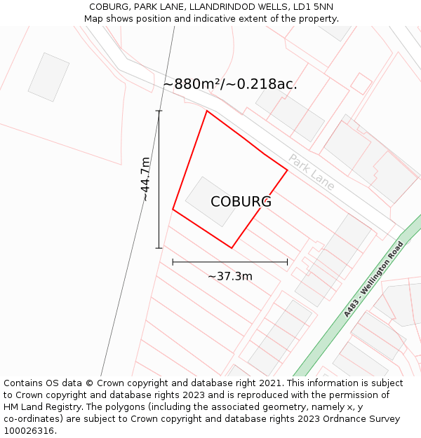 COBURG, PARK LANE, LLANDRINDOD WELLS, LD1 5NN: Plot and title map