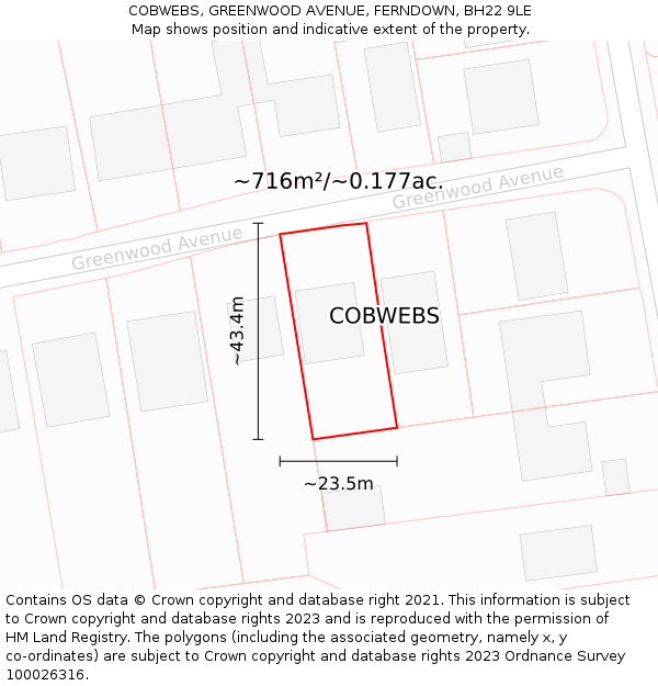 COBWEBS, GREENWOOD AVENUE, FERNDOWN, BH22 9LE: Plot and title map