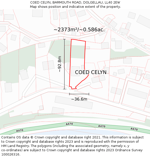 COED CELYN, BARMOUTH ROAD, DOLGELLAU, LL40 2EW: Plot and title map