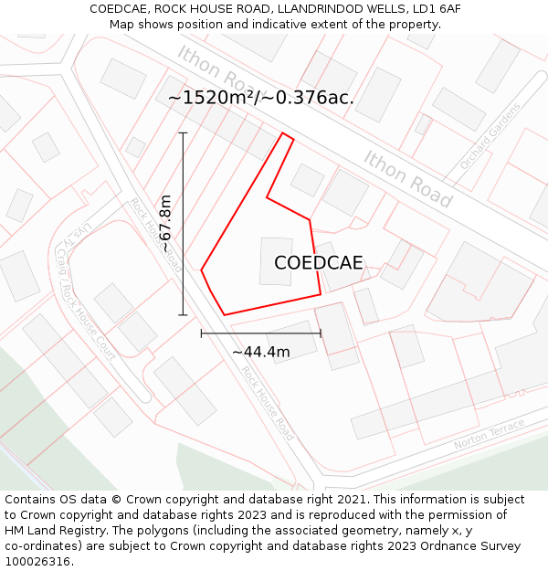 COEDCAE, ROCK HOUSE ROAD, LLANDRINDOD WELLS, LD1 6AF: Plot and title map