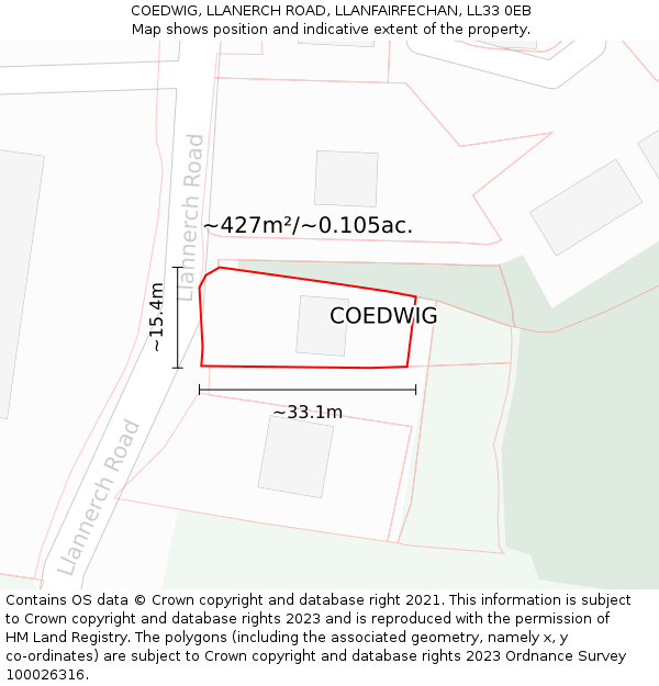 COEDWIG, LLANERCH ROAD, LLANFAIRFECHAN, LL33 0EB: Plot and title map