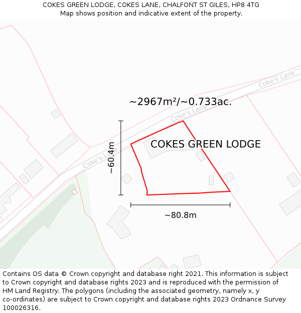 COKES GREEN LODGE, COKES LANE, CHALFONT ST GILES, HP8 4TG: Plot and title map