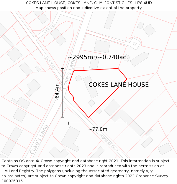 COKES LANE HOUSE, COKES LANE, CHALFONT ST GILES, HP8 4UD: Plot and title map