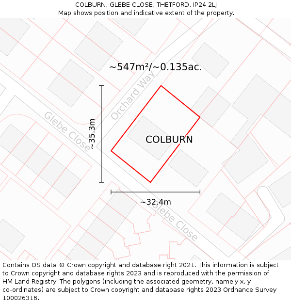COLBURN, GLEBE CLOSE, THETFORD, IP24 2LJ: Plot and title map