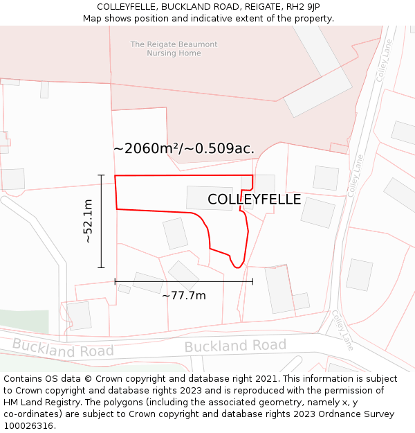 COLLEYFELLE, BUCKLAND ROAD, REIGATE, RH2 9JP: Plot and title map