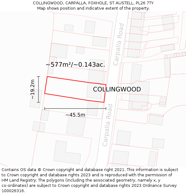 COLLINGWOOD, CARPALLA, FOXHOLE, ST AUSTELL, PL26 7TY: Plot and title map