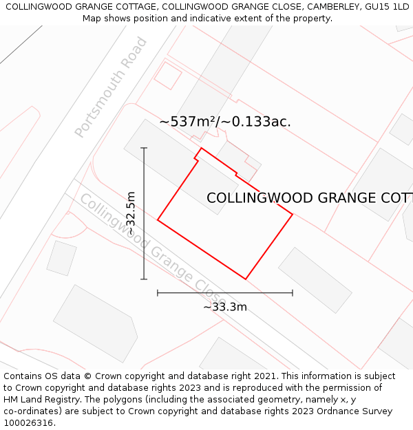 COLLINGWOOD GRANGE COTTAGE, COLLINGWOOD GRANGE CLOSE, CAMBERLEY, GU15 1LD: Plot and title map