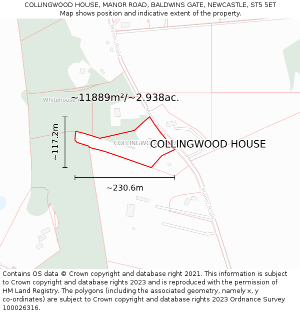 COLLINGWOOD HOUSE, MANOR ROAD, BALDWINS GATE, NEWCASTLE, ST5 5ET: Plot and title map