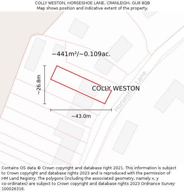 COLLY WESTON, HORSESHOE LANE, CRANLEIGH, GU6 8QB: Plot and title map