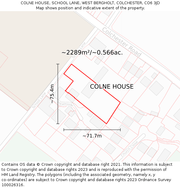 COLNE HOUSE, SCHOOL LANE, WEST BERGHOLT, COLCHESTER, CO6 3JD: Plot and title map