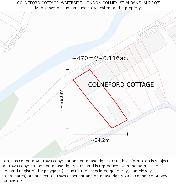 COLNEFORD COTTAGE, WATERSIDE, LONDON COLNEY, ST ALBANS, AL2 1QZ: Plot and title map
