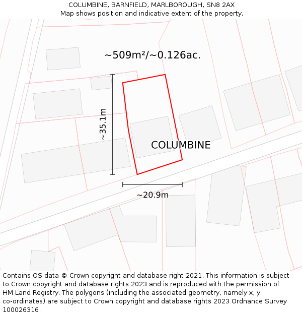 COLUMBINE, BARNFIELD, MARLBOROUGH, SN8 2AX: Plot and title map