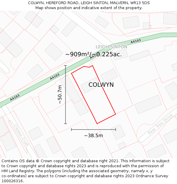 COLWYN, HEREFORD ROAD, LEIGH SINTON, MALVERN, WR13 5DS: Plot and title map