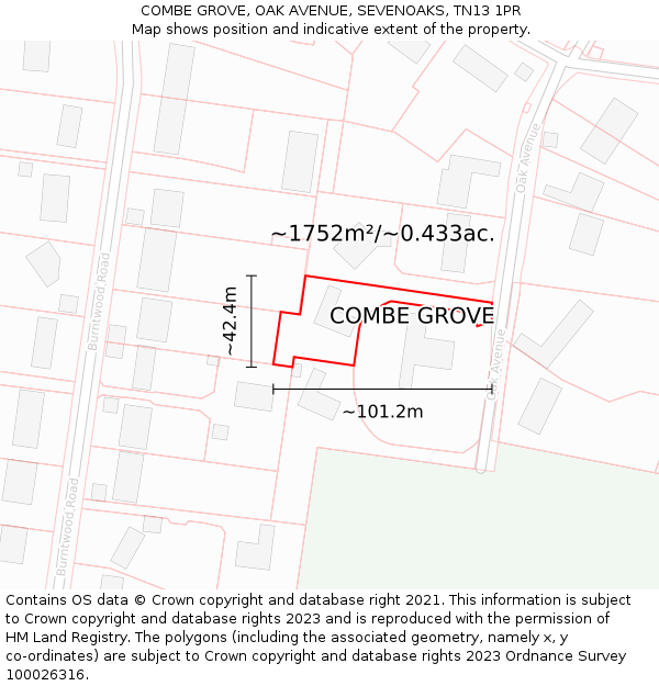 COMBE GROVE, OAK AVENUE, SEVENOAKS, TN13 1PR: Plot and title map