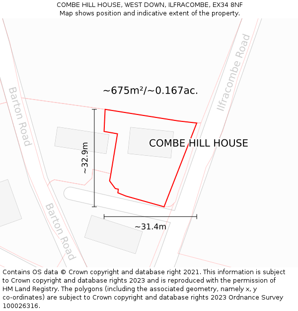 COMBE HILL HOUSE, WEST DOWN, ILFRACOMBE, EX34 8NF: Plot and title map