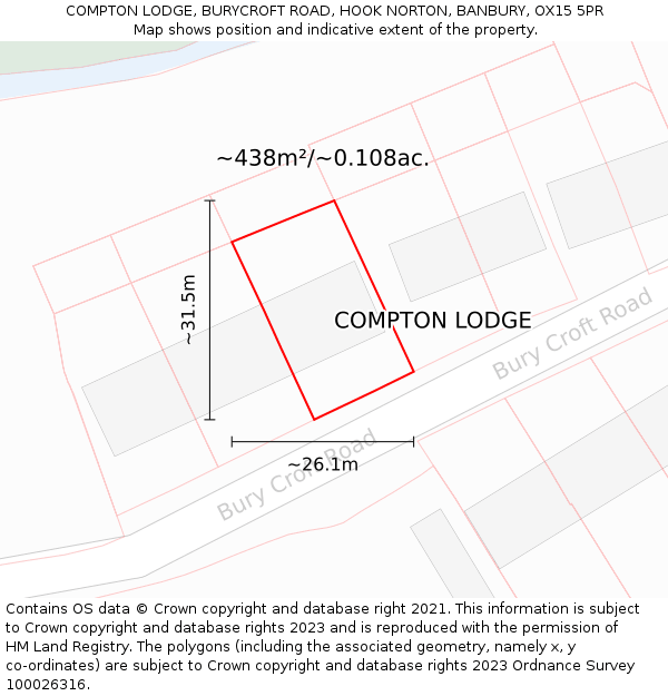 COMPTON LODGE, BURYCROFT ROAD, HOOK NORTON, BANBURY, OX15 5PR: Plot and title map